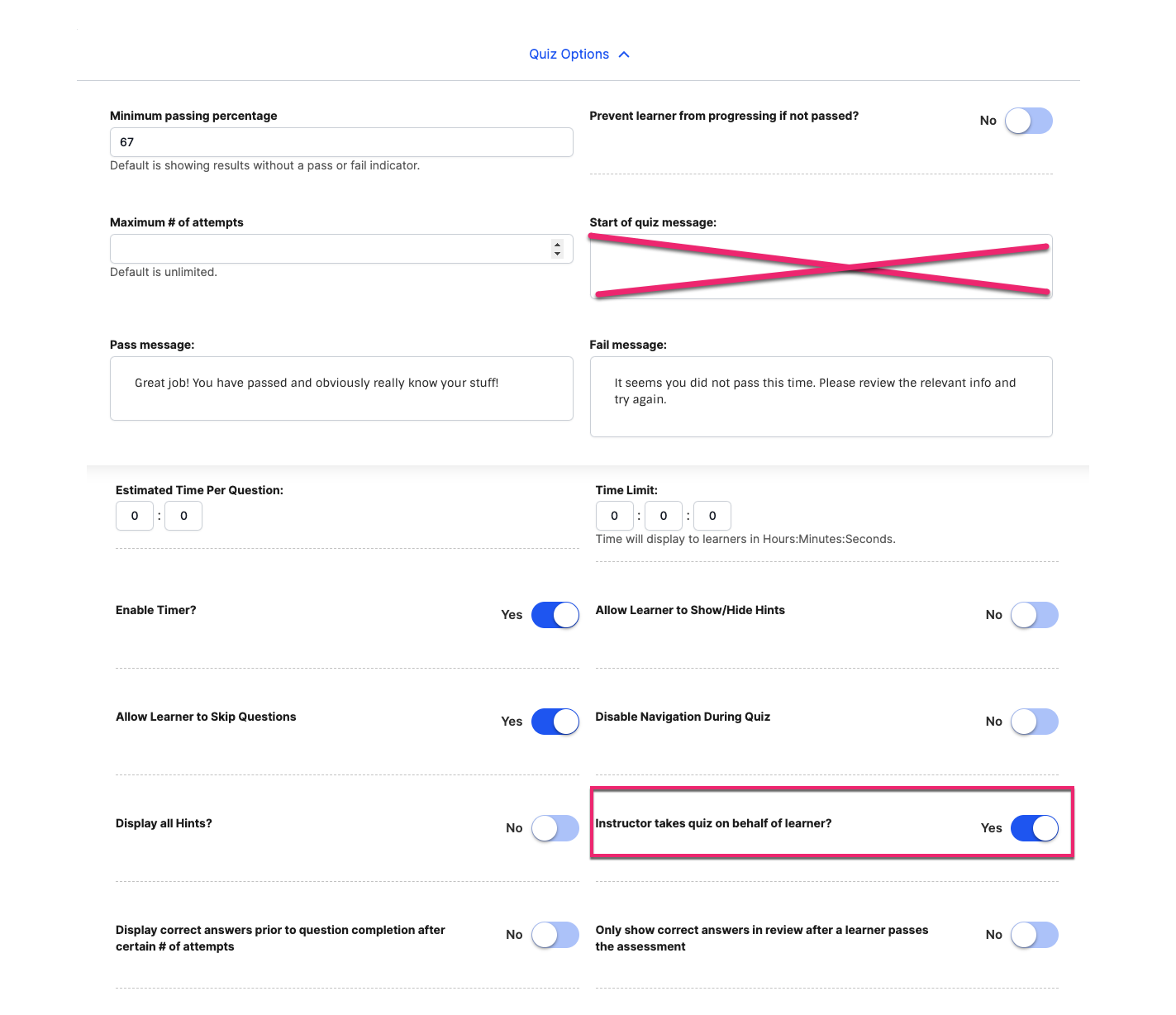 TakingAssessmentsForLearners_QuizOptionsStartMessage_AdminView.png