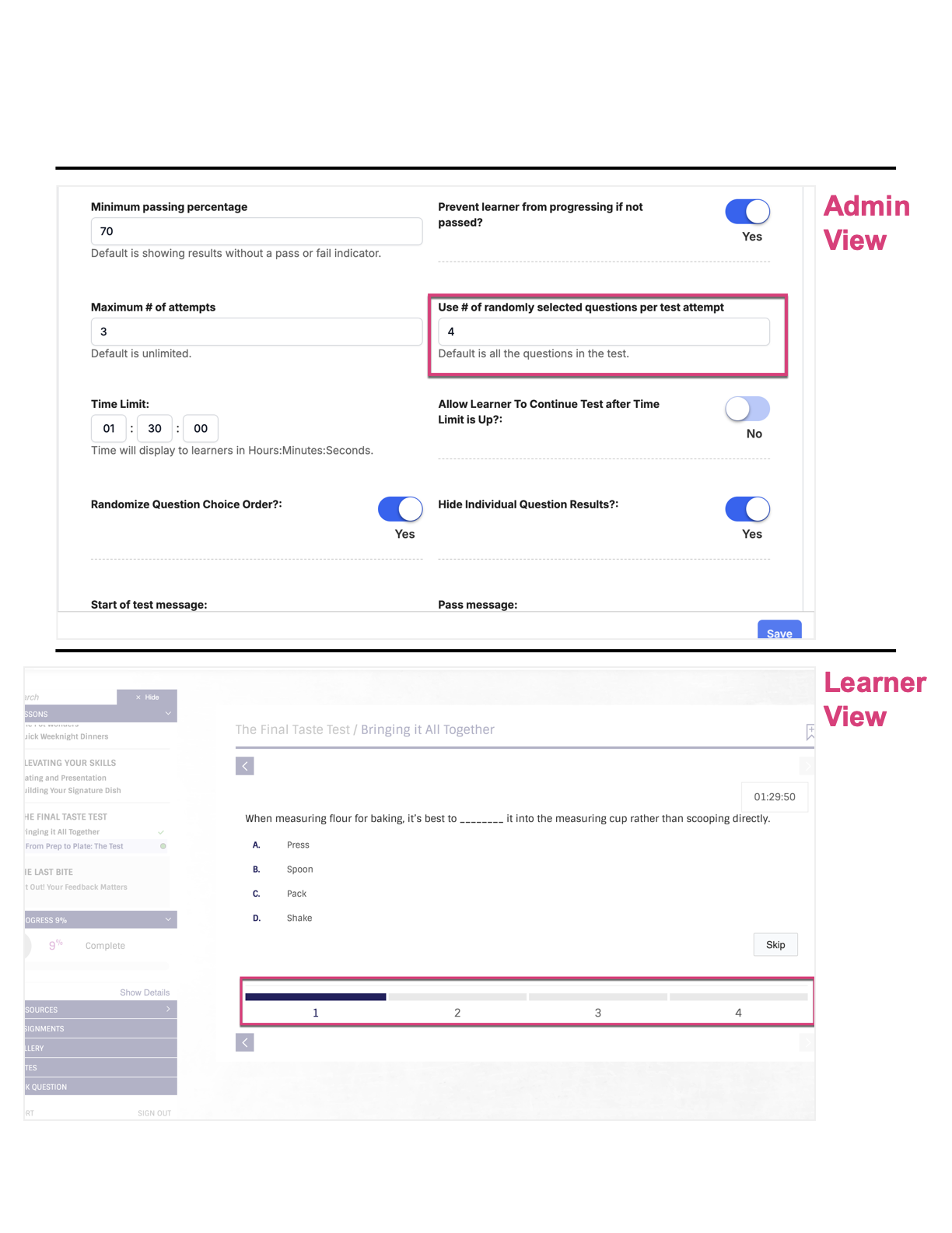 CreatingaTest_NumberofRandomizedQuestions_AdminandLearnerView.png